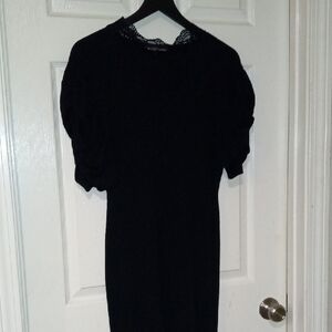 Black Ruched Sheath Dress with Puff Sleeves